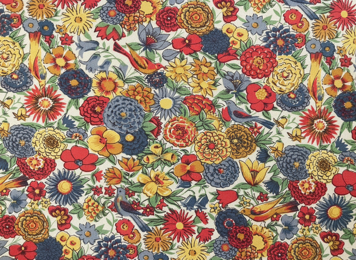 Vintage Liberty of London fabric showing colourful flowers and birds on a white background. Cotton. Screenprint.